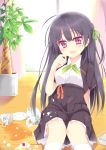  1girl black_hair bowl cake clumsy cup d: food highres long_hair nibiiro_shizuka open_mouth original plant potted_plant revision school_uniform socks spill sugar_cube tea teacup tray violet_eyes white_legwear wooden_floor 