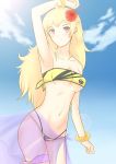 1girl arm_up armpits blonde_hair breasts cat_with_a_brush flower hair_flower hair_ornament hibiscus rwby violet_eyes yang_xiao_long 