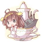  1girl ahoge black_eyes brown_hair chibi cup detached_sleeves giwa hairband highres japanese_clothes kantai_collection kongou_(kantai_collection) long_hair machinery nontraditional_miko open_mouth solo spoon sugar_cube teacup teapot turret wide_sleeves 
