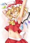  1girl ;d arm_behind_head arm_up armpits ascot blonde_hair flandre_scarlet hat looking_at_viewer navel one_eye_closed open_mouth red_eyes roura short_hair small_breasts smile solo stomach touhou wings 