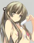  1girl bikini brown_eyes brown_hair bust character_request front-tie_top hair_ribbon jpeg_artifacts kawata_hisashi long_hair looking_at_viewer popsicle red_bikini ribbon simple_background sketch small_breasts solo swimsuit 