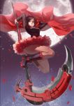  1girl bojue_yu_yaojing_695657 boots breasts cape dress frilled_skirt frills full_moon jumping legs moon petals red_skirt ruby_rose rwby scythe short_hair skirt solo thighs weapon 