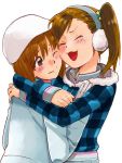  brown_eyes brown_hair coat earmuffs futami_mami gloves hagiwara_yukiho hat hug idolmaster jacket mori_(unknown.) side_ponytail smile wince 