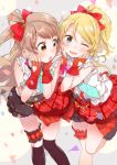 2girls :o ;d ayase_eli black_legwear blonde_hair blue_eyes blush bow brown_hair fly_333 hair_bow hands_on_own_cheeks hands_on_own_face heart_cutout idol kneehighs leg_garter long_hair love_live!_school_idol_project minami_kotori multiple_girls necktie one_eye_closed open_mouth over-kneehighs ponytail side_ponytail smile tagme thigh-highs yellow_eyes 