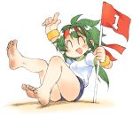  1girl :d ^_^ barefoot closed_eyes dirty_feet feet flag green_hair gym_shorts hairband legs long_hair open_mouth oyatsu_(mk2) ponytail shadow sitting smile soles solo toes white_background wristband 