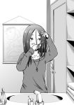  1girl bathroom comic cutting_hair i_am_homeko jewelry kobayakawa_rinko long_hair love_plus monochrome necklace off-shoulder_sweater solo sweater 