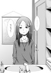  1girl :&lt; bathroom comic i_am_homeko jewelry kobayakawa_rinko long_hair love_plus monochrome necklace off-shoulder_sweater solo sweat sweater translated 
