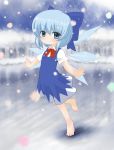  1girl bare_legs barefoot blue_eyes blue_hair bow cirno hair_bow hair_ornament hair_ribbon highres ice looking_at_viewer outstretched_arms ribbon short_hair smile snowing solo spread_arms tagme touhou wings zimajiang 