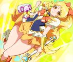  1girl blonde_hair boots bow bowtie brooch cure_honey dutch_angle fuji_hyorone hair_bow happinesscharge_precure! jewelry knee_boots long_hair magical_girl oomori_yuuko precure puffy_sleeves ribbon skirt smile solo wand wrist_cuffs yellow_background yellow_eyes yellow_skirt 