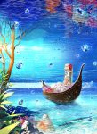  1girl bangs blue_eyes boat braid bubble clouds coral dress fish flower hair_flower hair_ornament hands_in_lap highres horizon justminor long_hair looking_up original puffy_sleeves reflection rock side_braid sitting sky solo surreal tree water whale white_dress white_hair 
