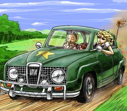  alice_margatroid blonde_hair braid day driving dust_cloud eyebrows fear_and_loathing_in_las_vegas field flower fox_tail green headband kirisame_marisa lipstick_tube ragathol saab_96 star sunglasses tail thick_eyebrows touhou 