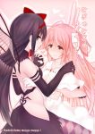  2girls akemi_homura akitsuchi_shien akuma_homura argyle argyle_legwear arm_around_waist bare_shoulders black_gloves black_hair black_wings bow choker cover cover_page dancing doujin_cover dress elbow_gloves feathered_wings gloves goddess_madoka hair_bow hand_on_another&#039;s_shoulder holding_hands interlocked_fingers kaname_madoka long_hair looking_at_viewer mahou_shoujo_madoka_magica mahou_shoujo_madoka_magica_movie multiple_girls pink_background pink_eyes pink_hair simple_background spoilers thigh-highs two_side_up violet_eyes white_dress white_gloves wings yuri 