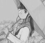  1girl black_hair eyepatch field flower flower_field greyscale holding_umbrella long_hair looking_at_viewer monochrome neckerchief rain sakamoto_mio school_uniform serafuku shirono_kuma solo strike_witches umbrella uniform 