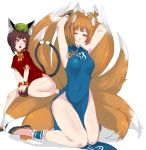  2girls animal_ears arms_up blonde_hair bow brown_hair cat_ears cat_tail chen china_dress chinese_clothes dress_shirt fox_ears fox_tail hat jewelry kneeling looking_at_another mob_cap multiple_girls multiple_tails panzer red_eyes shirt shoes short_hair short_sleeves simple_background single_earring sleeveless tail touhou white_background wrist_cuffs yakumo_ran yellow_eyes 