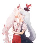  2girls arm_garter artist_name closed_eyes couple dress_shirt fujiwara_no_mokou hair_ribbon hands_on_own_face hat holding hug kamishirasawa_keine kiss long_hair long_sleeves mochacot multiple_girls ribbon shirt short_sleeves side silver_hair touhou tress_ribbon very_long_hair white_background white_hair white_shirt yuri 