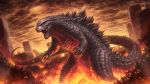  building city cityscape claws clouds cloudy_sky destruction fire godzilla godzilla_(series) kaijuu monster no_humans open_mouth ruins scales sharp_teeth sky solo tail tatsuya_(atelier_road) 