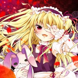  &gt;:d 1girl :d blonde_hair blurry boku_wa_tomodachi_ga_sukunai covering_eyes depth_of_field fang hairband hasegawa_kobato holding lolita_fashion lolita_hairband long_hair looking_at_viewer natsuki_yuu_(amemizu) open_mouth petals pose red_eyes smile solo stuffed_animal stuffed_bunny stuffed_toy tagme v wind wrist_cuffs 