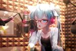 1girl aqua_eyes aqua_hair bai_yemeng blurry bokeh breasts cleavage collarbone depth_of_field glasses hair_ribbon hand_on_headphones hatsune_miku headphones highres kocchi_muite_baby_(vocaloid) long_hair microphone one_eye_closed open_mouth revision ribbon singing solo twintails vocaloid wink 