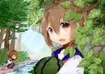  2girls brown_eyes brown_hair folded_ponytail food forest fruit ikazuchi_(kantai_collection) inazuma_(kantai_collection) kantai_collection katori_(quietude) leaf lowres multiple_girls nature open_mouth plant rake river short_hair smile sunlight tree water watermelon |_| 