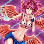  1girl ahoge angel angel_wings archangel_metatron_(p&amp;d) bikini breasts green_eyes large_breasts long_hair magic navel omega_yang pink_hair ponytail puzzle_&amp;_dragons sarong smile solo swimsuit text wings 