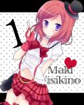  1girl belly_peek character_name fingerless_gloves gloves hat looking_at_viewer love_live!_school_idol_project mana_(10221125) navel nishikino_maki plaid plaid_skirt pleated_skirt pointing red_gloves redhead skirt solo tagme violet_eyes 