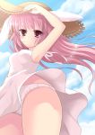  1girl casual dress from_below hand_on_headwear hat long_hair mana_(10221125) original panties pantyshot pantyshot_(standing) parted_lips pink_eyes pink_hair sky solo standing straw_hat summer tagme underwear white_dress white_panties wind_lift 