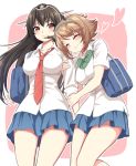  2girls ^_^ alternate_costume arm_hug bag black_hair blush bow breasts brown_hair closed_eyes contemporary headgear heart kantai_collection kase_daiki long_hair multiple_girls mutsu_(kantai_collection) nagato_(kantai_collection) necktie school_bag school_uniform short_hair smile 