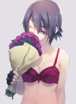  1girl bangs bouquet bow_bra bra breasts cleavage closed_eyes embroidery eyepatch fingerless_gloves flower gloves kantai_collection nilitsu no_headwear no_shirt purple_hair red_bra rose short_hair simple_background smelling_flower solo tenryuu_(kantai_collection) underwear 