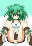  1girl blush breasts cleavage collarbone duel_monster gloves green_eyes green_hair highres long_hair looking_at_viewer panties ponytail ribbon simple_background sitting solo striped striped_panties tagme underwear white_background wynn yuu-gi-ou yuu-gi-ou_duel_monsters 