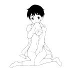  1boy black_hair bottomless highres looking_at_viewer male navel open_clothes original rand_(artist) short_hair simple_background sitting smile socks solo white_background wide_hips 