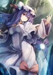  1girl :o blush book bow breasts crescent dress fal_maro hat long_hair patchouli_knowledge purple_hair solo touhou vertical-striped_dress vertical_stripes very_long_hair violet_eyes 