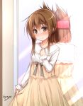  1girl alternate_costume artist_name blush brown_eyes brown_hair casual dress folded_ponytail hair_ornament hairclip hand_on_own_chest haryuu_(poetto) inazuma_(kantai_collection) kantai_collection long_sleeves looking_at_viewer reflection skirt_hold smile solo 