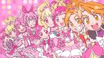  6+girls :d aida_mana aino_megumi bike_shorts blonde_hair blue_eyes bow brown_eyes brown_hair color_connection cure_black cure_bloom cure_blossom cure_dream cure_happy cure_heart cure_lovely cure_melody cure_peach dokidoki!_precure earrings fresh_precure! futari_wa_precure futari_wa_precure_splash_star gloves hair_bow hair_ornament hair_ribbon hanasaki_tsubomi happinesscharge_precure! happy heartcatch_precure! highres hoshizora_miyuki houjou_hibiki hyuuga_saki jewelry looking_at_viewer magical_girl misumi_nagisa momozono_love multiple_girls one_eye_closed open_mouth pink pink_eyes pink_hair precure ribbon skirt smile smile_precure! suite_precure tiara toranosukeh trait_connection wrist_cuffs yes!_precure_5 yumehara_nozomi 