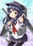  1girl aa_gun akatsuki_(kantai_collection) black_hair black_legwear blouse blue_eyes cannon flat_cap gun hat irori kantai_collection long_hair long_sleeves open_mouth pantyhose pointing school_uniform serafuku skirt star torpedo turret weapon 