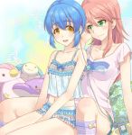  2girls blue_hair blush digital_media_player fluffy_legwear green_eyes kneehighs long_hair matsusatoru_kouji multiple_girls navel original pajamas pillow pink_hair short_hair shorts skirt smile stuffed_animal stuffed_toy yellow_eyes 