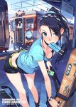  1girl 2boys bag bent_over black_hair blue_eyes bra character_request conductor downblouse dripping duffel_bag earrings gloves guitar_case hair_over_one_eye hairband instrument_case jewelry kashima_noa leaning_forward long_hair midriff mouth_hold multiple_boys ponytail popsicle rail_wars! scrunchie shorts standing sweat sweating t-shirt train train_station underwear uniform vania600 wristband 