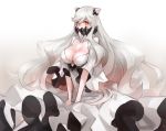  1girl breasts cleavage collarbone dakuro dress horns kantai_collection large_breasts long_hair midway_hime orange_eyes pale_skin shinkaisei-kan solo spikes very_long_hair white_dress white_hair 