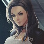  1girl black_hair blue_eyes bodysuit breasts bust choker cleavage eyelashes large_breasts lips long_hair looking_at_viewer mark_henry_bustamante mass_effect mass_effect_2 miranda_lawson nose solo 