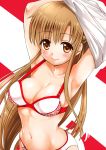  1girl arms_up asuna_(sao) bra breasts brown_eyes brown_hair cleavage highres large_breasts long_hair navel panties smile solo stomach sword_art_online underwear undressing very_long_hair yoshimiya_chitose 