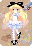  1girl ankle_ribbon argyle argyle_legwear blonde_hair blue_eyes bow full_body hair_bow hair_ornament hair_ribbon long_hair looking_at_viewer mana_(10221125) mary_janes original pantyhose reaching ribbon shoes solo standing tagme white_legwear 