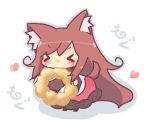  &gt;_&lt; 1girl animal_ears brown_hair chibi closed_eyes dress eating heart homurabi imaizumi_kagerou long_hair simple_background solo tail touhou white_background wolf_ears wolf_tail 
