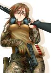  1girl brown_eyes brown_hair camouflage didloaded ear_protection gloves gun military original remington_870 s&amp;w_m&amp;p safety_glasses shotgun shotgun_shells smith_&amp;_wesson solo trigger_discipline weapon 