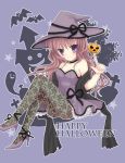  1girl bare_shoulders breasts brown_hair cleavage halloween happy_halloween hat highres jack-o&#039;-lantern long_hair looking_at_viewer mana_(10221125) original pantyhose sitting smile solo tagme violet_eyes witch witch_hat 