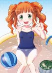  1girl brown_hair competition_school_swimsuit green_eyes highres idolmaster one-piece_swimsuit school_swimsuit solo swimsuit takamine_(smdx) takatsuki_yayoi v 