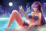  1girl alcohol arm_support bare_shoulders beach bikini bow breasts champagne champagne_glass city collarbone eudetenis full_moon glass hair_bow holding knee_up light_smile long_hair looking_away moon navel night night_sky original partially_submerged pool purple_hair reclining red_eyes rooftop side_ponytail signature sky skyline solo swimsuit water wet wet_hair 