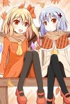  2girls :/ :d alternate_costume ascot black_legwear blonde_hair blue_hair chiyono crossed_legs fall flandre_scarlet hair_ornament hair_ribbon hairclip leaf looking_at_viewer mary_janes multiple_girls open_mouth pantyhose red_eyes remilia_scarlet ribbon scarf shoes short_hair sitting smile tagme touhou 