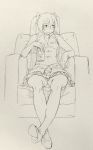  1girl can couch crossed_legs hatsune_miku monochrome shaded_face sitting sketch skirt solo vocaloid wokada 
