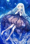  1girl bare_legs bare_shoulders barefoot bisonbison collarbone covering_mouth hands_together long_hair original solo tagme water_drop white_hair yellow_eyes 