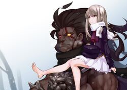  1boy 1girl barefoot berserker_class_(fate/stay_night) blonde_hair fate/stay_night fate_(series) feet illyasviel_von_einzbern long_hair netlk red_eyes scarf smile 