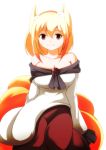  1girl alternate_costume animal_ears arm_support blonde_hair breasts brooch brown_eyes fox_ears fox_tail imaizumi_kagerou imaizumi_kagerou_(cosplay) jewelry large_breasts long_sleeves looking_at_viewer merry_(diameri) multiple_tails off_shoulder red_skirt short_hair sitting skirt skirt_set smile solo tail touhou white_clothes wide_sleeves yakumo_ran 
